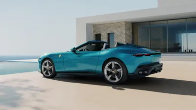 Radiant Teal Wallpaper Cars Wallpaper 4K 3840x2160 Teal, Ferrari, Amalfi, Spider, Luxury, Car, Parked, By, Modern, Villa, Pool, Ultra, White, Ultrawide, 4k