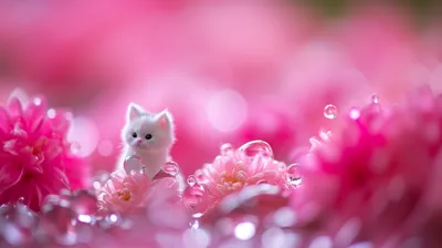 Cute White Kitten Nature Wallpaper 4K 2912x1632 A, Cute, White, Kitten, Surrounded, By, Vibrant, Pink, Flowers, Captured, Stunning, Detail, Gray, Ultrawide, QHD