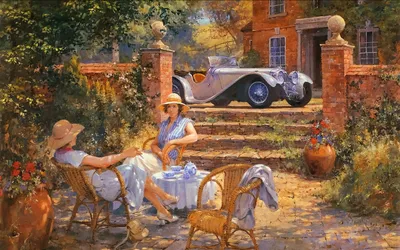 Two Women Relax Table Cars Wallpaper 4K 1920x1200 Two, Women, Relax, At, A, Table, In, Sunlit, Garden, Surrounded, Vibrant, Flowers, Gray, Orange, Ultrawide, Full HD