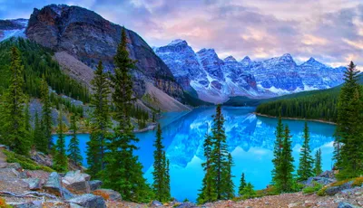 Moraine Lake Banff Nature Wallpaper 4K 4420x2550 Stunning, 4k, Ultra, Hd, View, Of, Moraine, Lake, Banff, National, Park, Canada, Yellow, Pink, Gray, Ultrawide