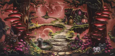 Dark Whimsical Wallpaper Nature Wallpaper 4K 3308x1632 A, Whimsical, Fantasy, Landscape, Featuring, Charming, House, Vibrant, Flowers, Playful, Deer, Mushrooms, Brown, Gray, Ultrawide, QHD