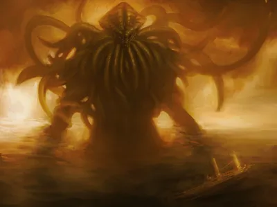 Menacing Cthulhu Rises Ocean Nature Wallpaper 4K 1810x1354 A, Menacing, Cthulhu, Rises, From, The, Ocean, Silhouetted, Against, Fiery, Sky, Captivating, Brown, Landscape