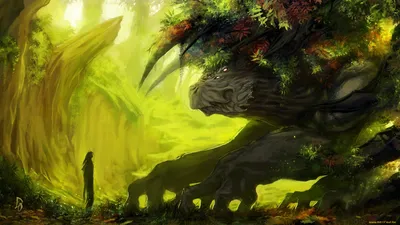 Sleek Mystical Wallpaper Fantasy Wallpaper 4K 1920x1080 A, Mystical, Creature, Emerges, From, Vibrant, Foliage, Towering, Over, Small, Figure, Lush, Orange, Pink, Yellow, Ultrawide, Full HD