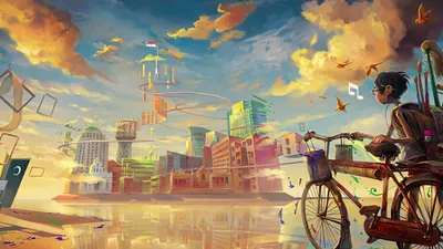 Epic Whimsical Wallpaper World Wallpaper 4K 1920x1080 Hd, Wallpaper, Of, A, Whimsical, Cityscape, With, Floating, Structures, Person, Bicycle, Vibrant, Gray, Ultrawide, Full HD