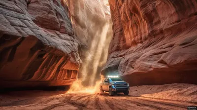 Calm Tundra Wallpaper Abstract Wallpaper 4K 4096x2288 Toyota, Tundra, Truck, Driving, Through, A, Canyon, With, Sunlight, Streaming, Down, Captured, Brown, Gray, Ultrawide, 4k