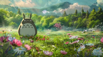 Epic Totoro Wallpaper Nature Wallpaper 4K 2912x1632 Hd, Wallpaper, Featuring, Totoro, From, My, Neighbor, Lush, Vibrant, Meadow, Flowers, Mountains, Gray, Ultrawide, QHD