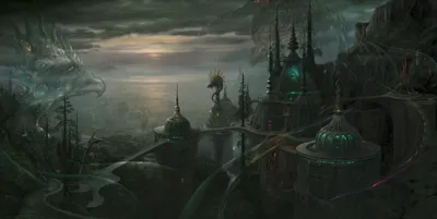 Dark Misty Fantasy Nature Wallpaper 4K 2395x1200 A, Dark, Misty, Fantasy, Place, With, Towering, Spires, Mysterious, Glowing, Structures, Under, Gray, Ultrawide, Full HD