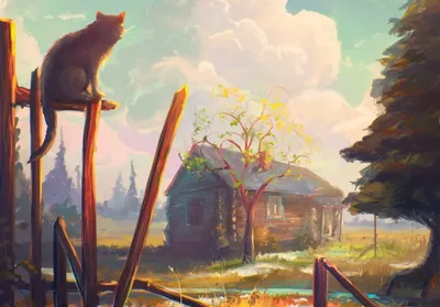Moody Serene Wallpaper Animals Wallpaper 4K 2288x1596 A, Serene, Artistic, Painting, Featuring, Cat, Perched, Wooden, Post, Old, House, Surrounded, White, Landscape, Full HD