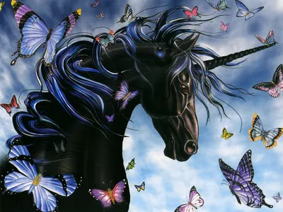 Vivid Black Unicorn Surrounded Colorful Nature Wallpaper 4K 1600x1200 A, Vivid, Hd, Wallpaper, Featuring, Black, Unicorn, Surrounded, Colorful, Butterflies, Against, Dreamy, White, Landscape