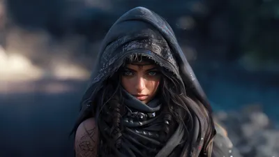 Close Mysterious Fantasy Woman Dark Fantasy Wallpaper 4K 5120x2880 A, Close-up, Of, Mysterious, Fantasy, Woman, With, Dark, Braided, Hair, Piercing, Eyes, Gray, Ultrawide, 4k