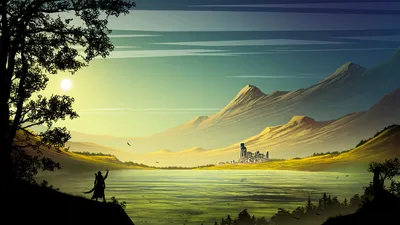 Moody Fantasy Wallpaper Nature Wallpaper 4K 1920x1080 Hd, Fantasy, Landscape, Wallpaper, Featuring, A, Distant, City, Lake, Surrounded, Mountains, Archer, White, Gray, Pink, Ultrawide, Full HD