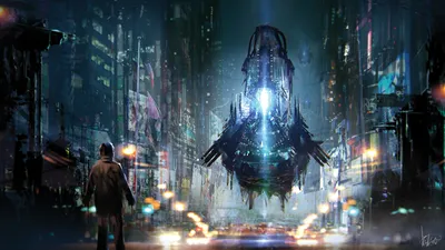 Hovering Spaceship Neon Lit World Wallpaper 4K 1920x1080 Hd, Pc, Desktop, Wallpaper, Of, A, Hovering, Spaceship, Above, Neon-lit, Sci, City, Brown, Gray, Ultrawide, Full HD