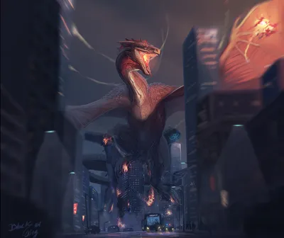 Dreamy Colossal Wallpaper Fantasy Wallpaper 4K 1930x1622 Hd, Pc, Desktop, Wallpaper/background:, A, Colossal, Dragon, Soaring, Between, Neon-lit, Skyscrapers, Dark, Brown, Purple, Square, Full HD