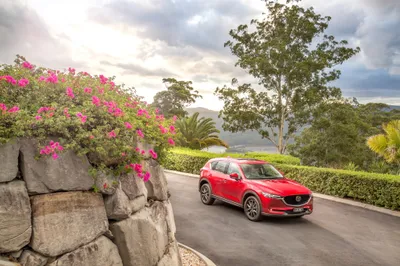 Red Mazda Suv Drives Nature Wallpaper 4K 4096x2731 A, Red, Mazda, Cx-5, Suv, Drives, Along, Winding, Road, Surrounded, Lush, Greenery, White, Gray, Landscape, 4k