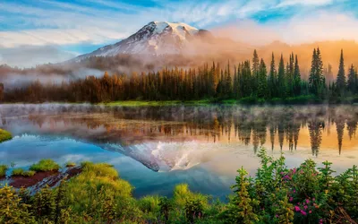 Misty Serene Wallpaper Nature Wallpaper 4K 1920x1200 A, Stunning, Hd, Desktop, Wallpaper, Featuring, Serene, Lake, Reflecting, Majestic, Mountain, Surrounded, White, Gray, Pink, Ultrawide, Full HD