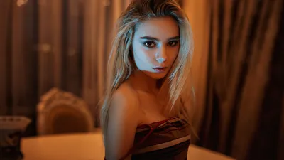 Blonde Woman Model Abstract Wallpaper 4K 2560x1440 Blonde, Woman, Model, In, A, Strapless, Top, Looks, Toward, Camera, Warm, Moody, Orange, Brown, Ultrawide, QHD