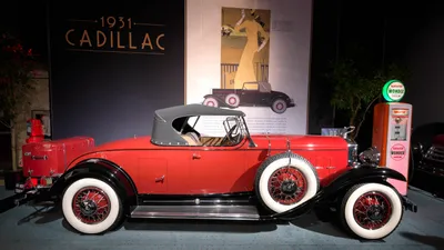 Cadillac V12 Vintage Convertible Cars Wallpaper 4K 5970x3358 1931, Cadillac, V12, Vintage, Convertible, Classic, Car, With, Red, Body, Whitewall, Tires, White, Gray, Ultrawide, 4k