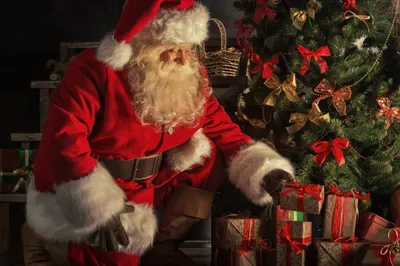 Vivid Santa Wallpaper Nature Wallpaper 4K 4928x3280 Santa, Claus, With, A, White, Beard, And, Hat, Places, Wrapped, Gift, Under, Red, Brown, Gray, Ultrawide, 4k