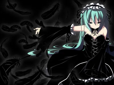 Hatsune Miku Gothic Black/Dark Wallpaper 4K 1600x1200 Hatsune, Miku, In, Gothic, Attire, From, Vocaloid, Surrounded, Black, Feathers, Set, Against, White, Gray, Brown, Landscape