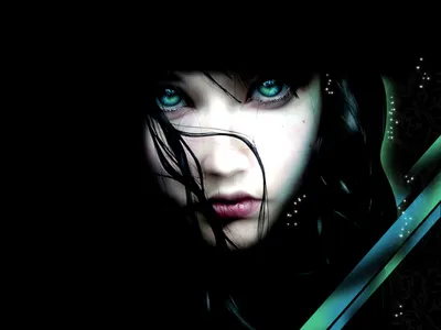 Captivating Fantasy Themed Black/Dark Wallpaper 4K 1600x1200 A, Captivating, Fantasy-themed, Hd, Desktop, Wallpaper, Featuring, Woman, Striking, Green, Eyes, Dark, White, Gray, Landscape