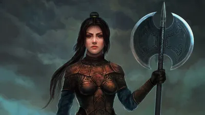Fierce Woman Warrior Black Fantasy Wallpaper 4K 2560x1440 A, Fierce, Woman, Warrior, With, Black, Hair, Stands, Confidently, Armor, Wielding, Large, Gray, Brown, Ultrawide, QHD