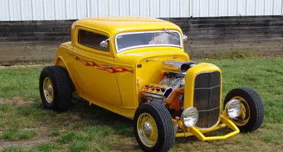 Vibrant Yellow Hot Rod Car Cars Wallpaper 4K 2560x1376 A, Vibrant, Yellow, Hot, Rod, Car, With, Flame, Decals, Exposed, Engine, Captured, White, Ultrawide, QHD