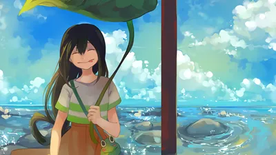 Crisp Tsuyu Wallpaper Nature Wallpaper 4K 3840x2160 Hd, Wallpaper, Featuring, Tsuyu, Asui, From, My, Hero, Academia, Holding, Leaf, Ocean, Gray, White, Ultrawide, 4k