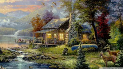 Fantasy House Nestled Serene Nature Wallpaper 4K 2048x1152 A, Fantasy, House, Nestled, By, Serene, Lakeside, Sunset, Surrounded, Autumn, Trees, Wildlife, Gray, Ultrawide, Full HD