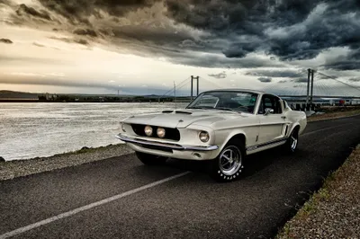 Moody Silver Wallpaper Cars Wallpaper 4K 4096x2720 Silver, Ford, Shelby, Gt350, Fastback, Muscle, Car, Parked, Waterfront, Road, Under, Dramatic, White, Ultrawide, 4k