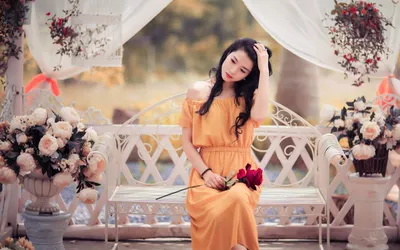 Asian Woman Orange Nature Wallpaper 4K 2560x1600 Hd, Desktop, Wallpaper, Featuring, An, Asian, Woman, In, Orange, Dress, Sitting, Bench, White, Gray, Ultrawide, QHD
