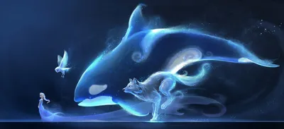 Fantastical Orca Wolf Owl Animals Wallpaper 4K 1746x800 A, Fantastical, Scene, Features, An, Orca, Wolf, Owl, Ethereal, Shades, Blue, Set, Brown, White, Ultrawide