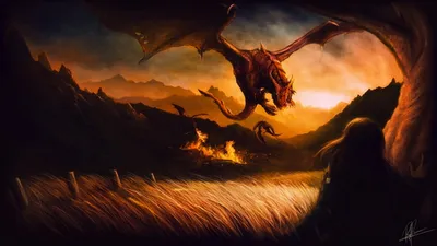 Dramatic Fantasy Fierce Fantasy Wallpaper 4K 1920x1080 A, Dramatic, Fantasy, Scene, Featuring, Fierce, Dragon, Soaring, Over, Fiery, Landscape, Figure, Orange, Purple, Brown, Ultrawide, Full HD