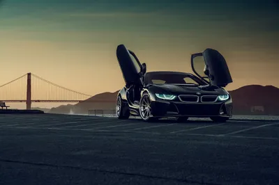 Black Supercar Scissor Doors Open Cars Wallpaper 4K 2048x1366 Black, Bmw, I8, Supercar, With, Scissor, Doors, Open, Coastal, Overlook, Dusk, Sleek, Gray, Landscape, Full HD