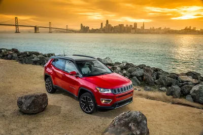 Red Jeep Compass Suv World Wallpaper 4K 3000x2000 Red, Jeep, Compass, Suv, Parked, On, A, Rocky, Waterfront, City, Skyline, Bridge, Brown, Gray, Landscape, QHD