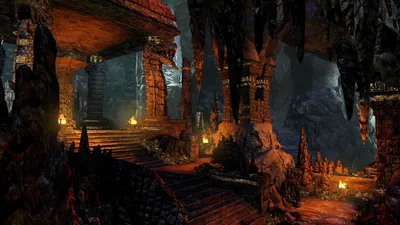 Detailed Fantasy Landscape Fantasy Wallpaper 4K 1920x1080 A, Detailed, Fantasy, Landscape, Depicting, An, Ancient, Torch-lit, Cavern, Stone, Structures, Stalactites, Brown, Ultrawide, Full HD