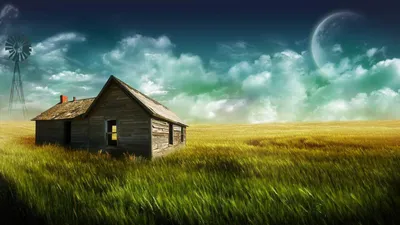 Rustic Wooden House Stands Sprawling Space Wallpaper 4K 1920x1080 A, Rustic, Wooden, House, Stands, In, Sprawling, Field, Grass, Under, Vibrant, Sky, Gray, Ultrawide, Full HD
