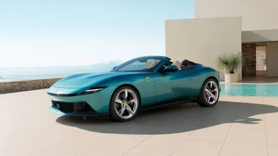 Golden Teal Wallpaper Cars Wallpaper 4K 3840x2160 Teal, Ferrari, Amalfi, Spider, Car, Convertible, Parked, On, Sunlit, Modern, Terrace, Pool, White, Ultrawide, 4k