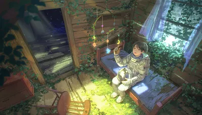 Vivid Anime Wallpaper Space Wallpaper 4K 1920x1098 An, Anime, Depiction, Of, Astronaut, Sitting, On, Bed, Rustic, Vine-covered, Room, Illuminated, Brown, Ultrawide, Full HD