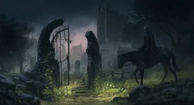 Crisp Fantasy Wallpaper Animals Wallpaper 4K 1920x1047 A, Fantasy, Warrior, On, Horseback, Stands, In, Moonlit, Cemetery, Night, Ancient, Ruins, Gray, Ultrawide, Full HD