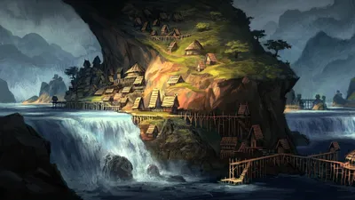 Calm Fantasy Wallpaper Nature Wallpaper 4K 1920x1080 A, Stunning, Fantasy, Landscape, Featuring, Waterfall, Cascading, Into, Village, Built, Cliffside, Surrounded, Gray, Orange, Ultrawide, Full HD