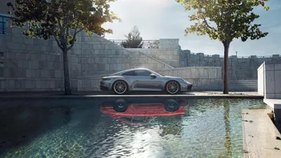 Silver Carrera Beside Reflecting Pool Cars Wallpaper 4K 2080x1170 Silver, Porsche, 911, Carrera, Parked, Beside, A, Reflecting, Pool, Modern, Stone, Walls, White, Ultrawide, Full HD
