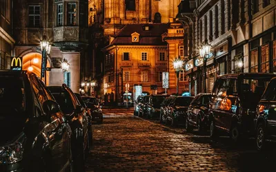 Night City Street World Wallpaper 4K 1920x1200 Hd, Pc, Desktop, Wallpaper/background:, Night, City, Street, With, Parked, Cars, Cobblestone, Road, Brown, Gray, Ultrawide, Full HD
