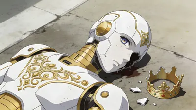 Sci Broken White Gold Technology Wallpaper 4K 4096x2304 Sci‑fi, Scene, Of, A, Broken, White-and-gold, Humanoid, Robot, Sci, Lying, Cracked, Pavement, White, Ultrawide, 4k