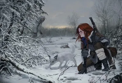 Red Haired Woman Warrior Accompanied Nature Wallpaper 4K 2048x1399 A, Red-haired, Woman, Warrior, Accompanied, By, White, Fox, Crouches, Snowy, Forest, Poised, Gray, Landscape, Full HD