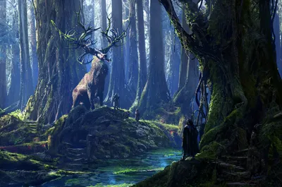 Fantasy Forest People Nature Wallpaper 4K 1920x1270 Fantasy, Forest, Scene, With, People, Near, A, River, Giant, Deer, Towering, Trees, Brown, Ultrawide, Full HD