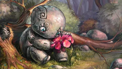 Bold Whimsical Wallpaper Fantasy Wallpaper 4K 1920x1080 A, Whimsical, Creature, With, Stone-like, Appearance, Tenderly, Holds, Vibrant, Pink, Flower, Surrounded, Gray, Ultrawide, Full HD