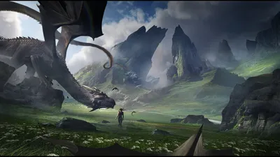 Fantasy Landscape Majestic Dragon Looming Fantasy Wallpaper 4K 1920x1080 A, Fantasy, Landscape, Featuring, Majestic, Dragon, Looming, Over, Figure, Amidst, Lush, Green, Gray, Ultrawide, Full HD