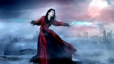 Fantasy Themed Witch Flowing Red World Wallpaper 4K 1920x1080 Fantasy-themed, Hd, Pc, Desktop, Wallpaper, Featuring, A, Witch, Flowing, Red, Dress, Casting, Gray, Ultrawide, Full HD
