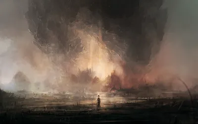 Dramatic Fantasy Landscape Solitary Fantasy Wallpaper 4K 1920x1200 A, Dramatic, Fantasy, Landscape, Featuring, Solitary, Figure, Standing, Before, Swirling, Fiery, Storm, Gray, Brown, Ultrawide, Full HD