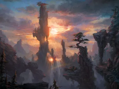 Breathtaking Fantasy Landscape Towering Rock Nature Wallpaper 4K 1440x1080 A, Breathtaking, Hd, Fantasy, Landscape, Featuring, Towering, Rock, Formations, Glowing, Sunset, Creating, Gray